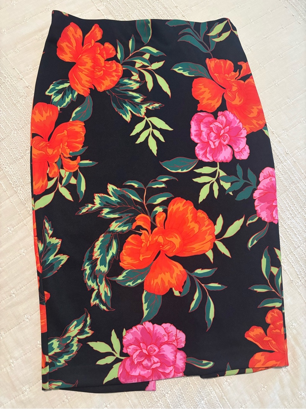 Express Black Pencil Skirt with Bold Red & Pink Floral Print